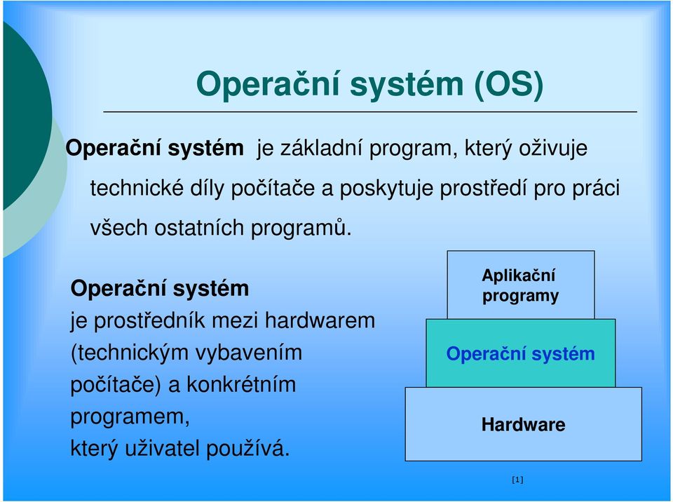 Operační systém je prostředník mezi hardwarem (technickým vybavením počítače) a