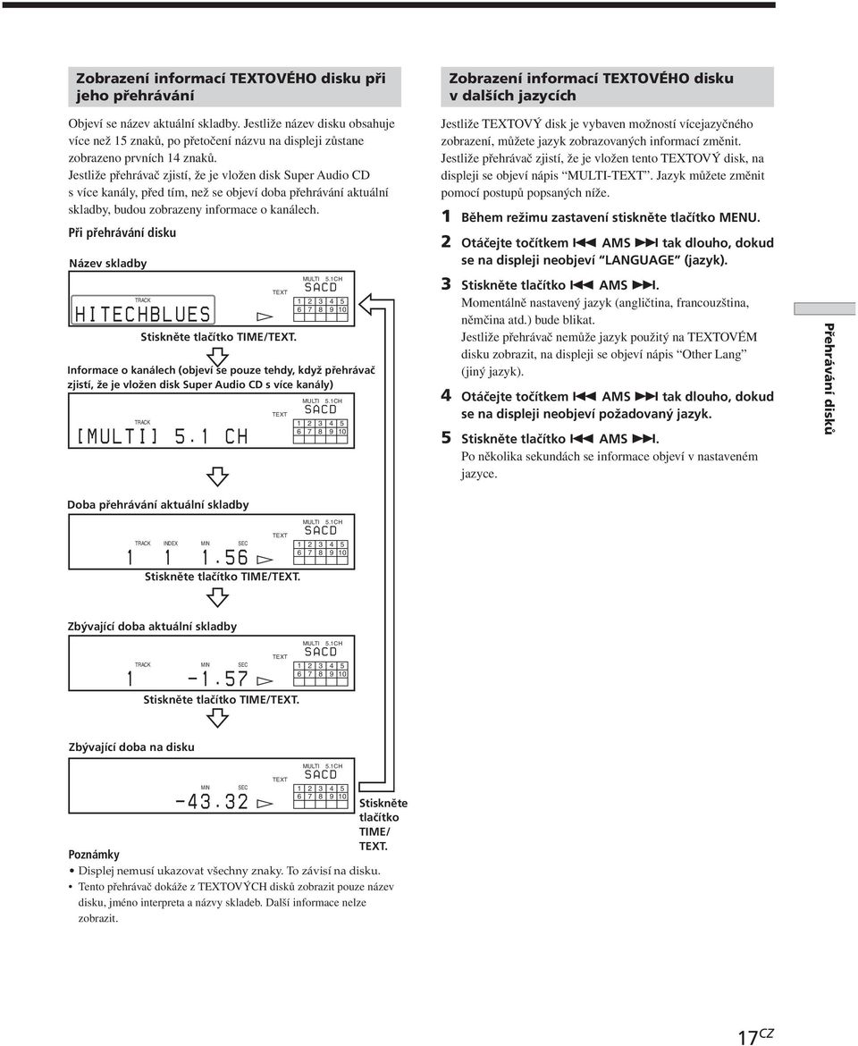 Jestliže přehrávač zjistí, že je vložen disk Super Audio CD s více kanály, před tím, než se objeví doba přehrávání aktuální skladby, budou zobrazeny informace o kanálech.