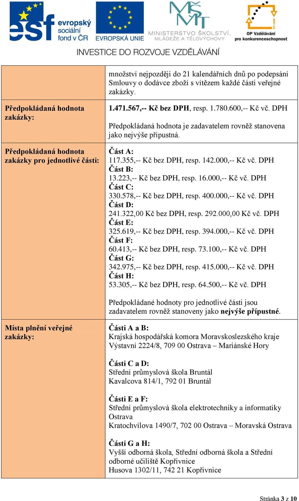 DPH Předpokládaná hodnota je zadavatelem rovněž stanovena jako nejvýše přípustná. Část A: 117.355,-- Kč bez DPH, resp. 142.000,-- Kč vč. DPH Část B: 13.223,-- Kč bez DPH, resp. 16.000,-- Kč vč. DPH Část C: 330.