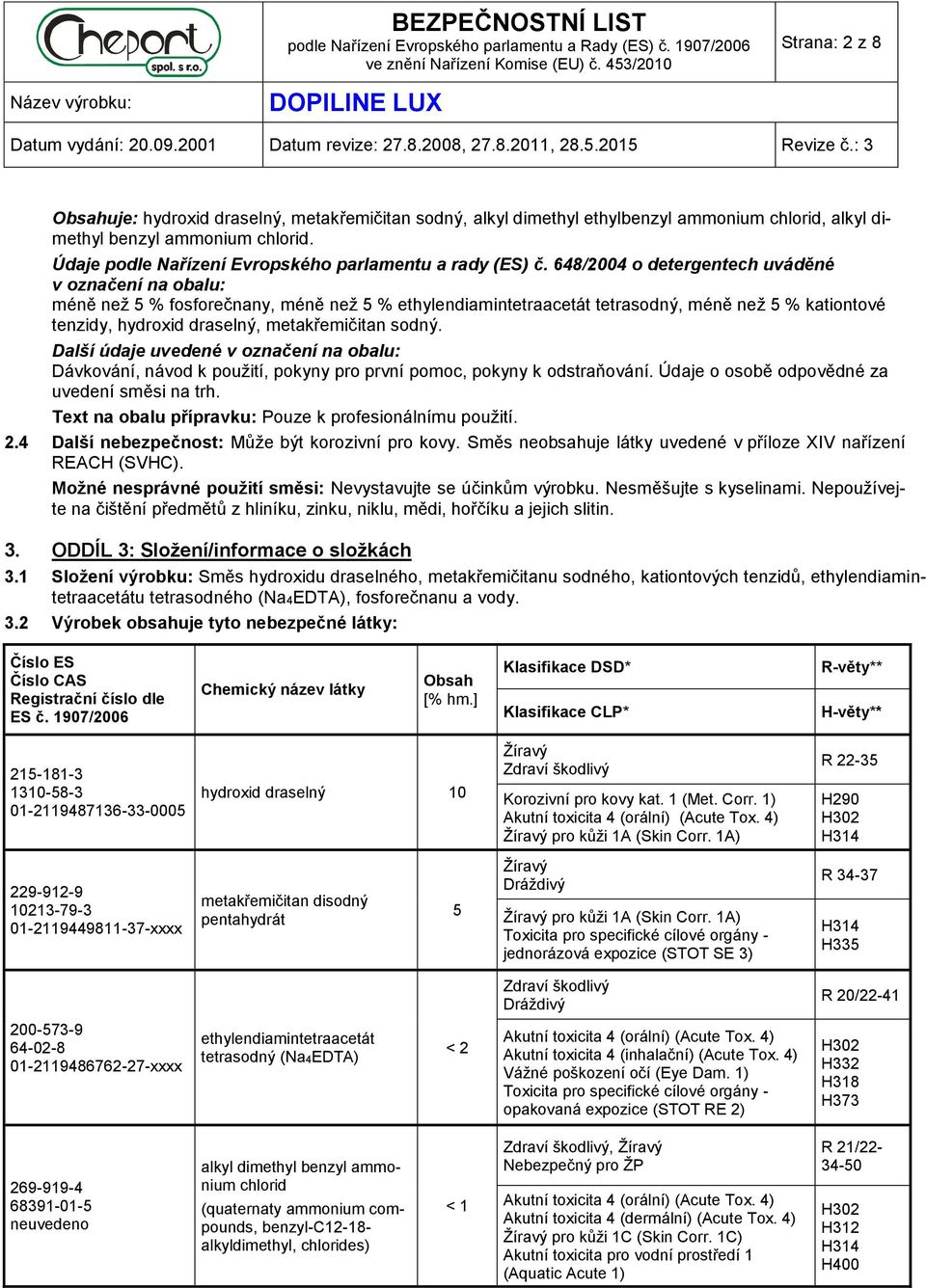 648/2004 o detergentech uváděné v označení na obalu: méně než 5 % fosforečnany, méně než 5 % ethylendiamintetraacetát tetrasodný, méně než 5 % kationtové tenzidy, hydroxid draselný, metakřemičitan