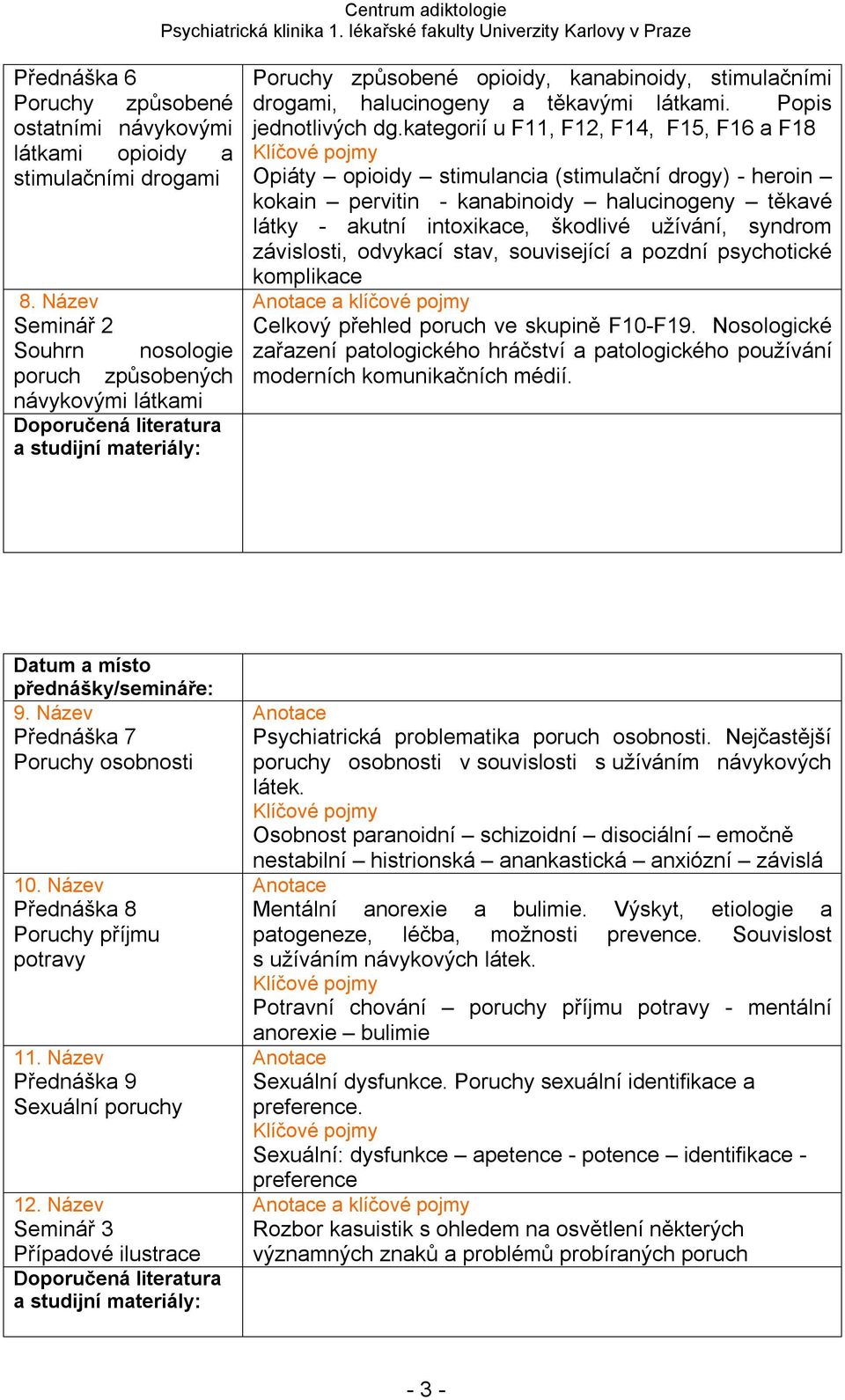 kategorií u F11, F12, F14, F15, F16 a F18 Opiáty opioidy stimulancia (stimulační drogy) - heroin kokain pervitin - kanabinoidy halucinogeny těkavé látky - akutní intoxikace, škodlivé užívání, syndrom