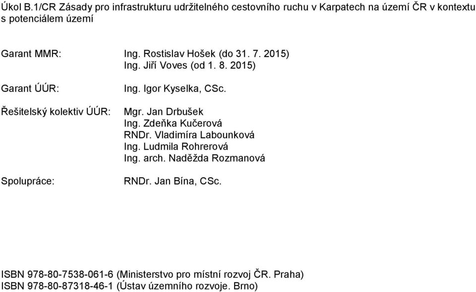 Rostislav Hošek (do 31. 7. 2015) Ing. Jiří Voves (od 1. 8. 2015) Garant ÚÚR: Řešitelský kolektiv ÚÚR: Spolupráce: Ing.