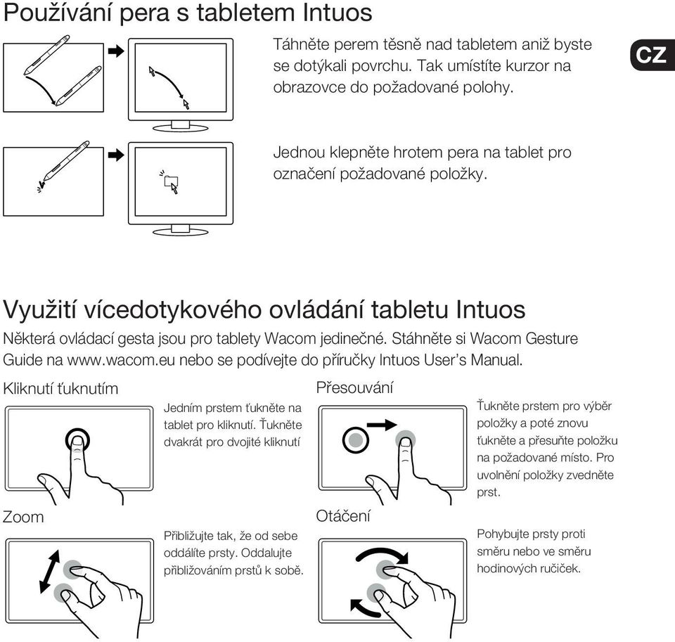 Stαhnμte si Wacom Gesture Guide na www.wacom.eu nebo se podνvejte do pψνruθky Intuos User s Manual. Kliknutν uknutνm Zoom Jednνm prstem uknμte na tablet pro kliknutν.