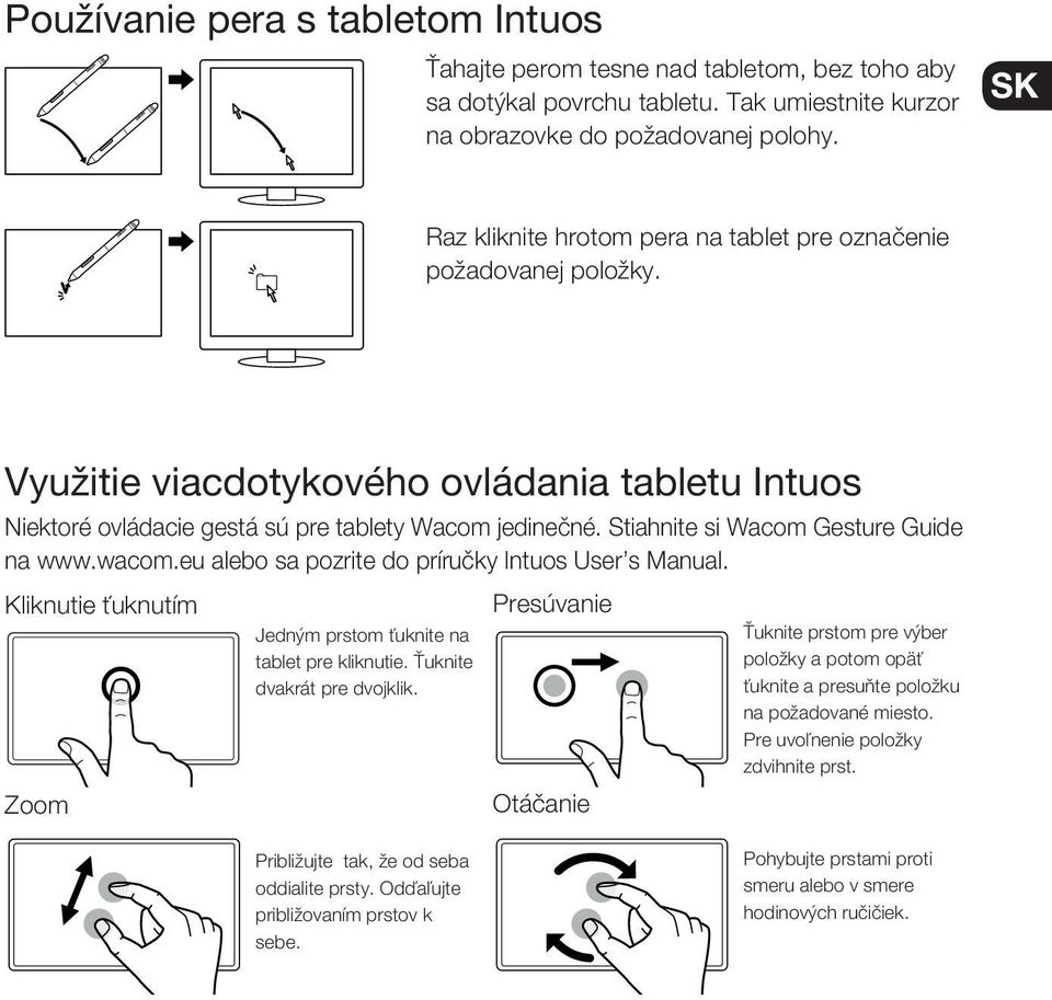Stiahnite si Wacom Gesture Guide na www.wacom.eu alebo sa pozrite do prνruθky Intuos User s Manual. Kliknutie uknutνm Zoom Jednύm prstom uknite na tablet pre kliknutie. uknite dvakrαt pre dvojklik.