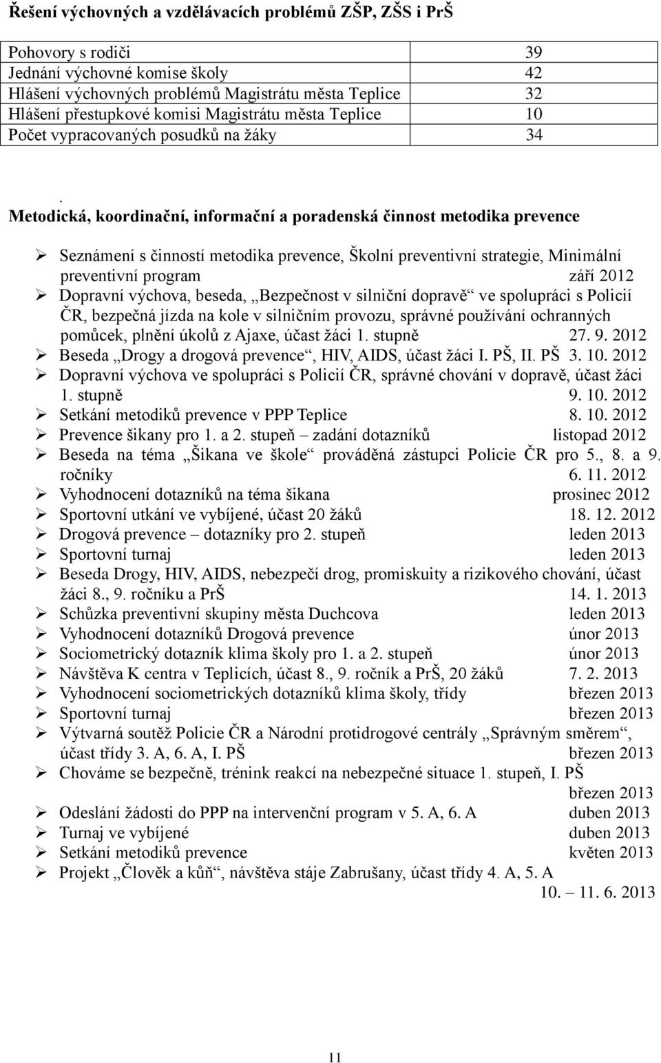 Metodická, koordinační, informační a poradenská činnost metodika prevence Seznámení s činností metodika prevence, Školní preventivní strategie, Minimální preventivní program září 2012 Dopravní