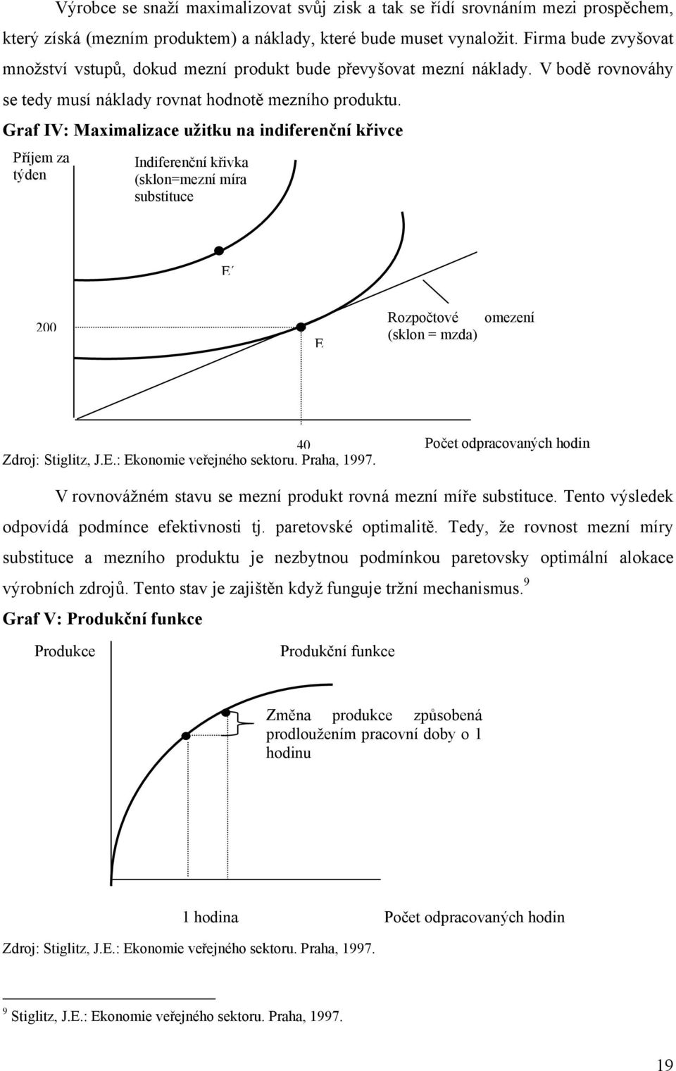 Graf IV: Maximalizace užitku na indiferenční křivce Příjem za týden Indiferenční křivka (sklon=mezní míra substituce E 200 E Rozpočtové (sklon = mzda) omezení 40 Zdroj: Stiglitz, J.E.: Ekonomie veřejného sektoru.