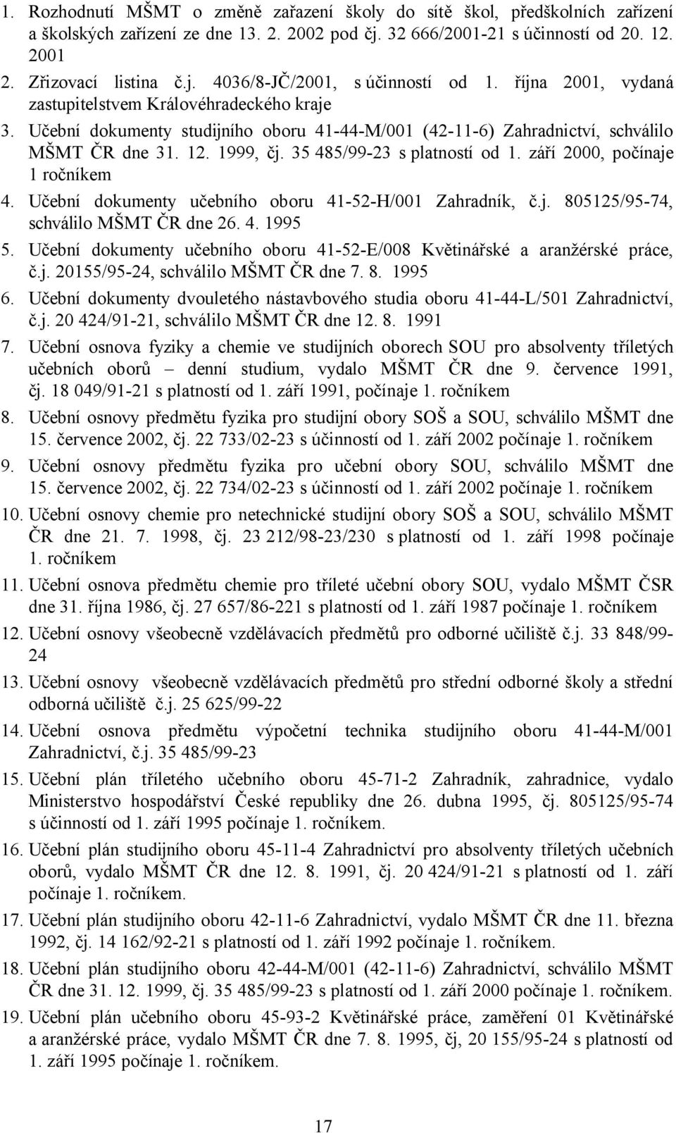 35 485/99-23 s platností od 1. září 2000, počínaje 1 ročníkem 4. Učební dokumenty učebního oboru 41-52-H/001 Zahradník, č.j. 805125/95-74, schválilo MŠMT ČR dne 26. 4. 1995 5.