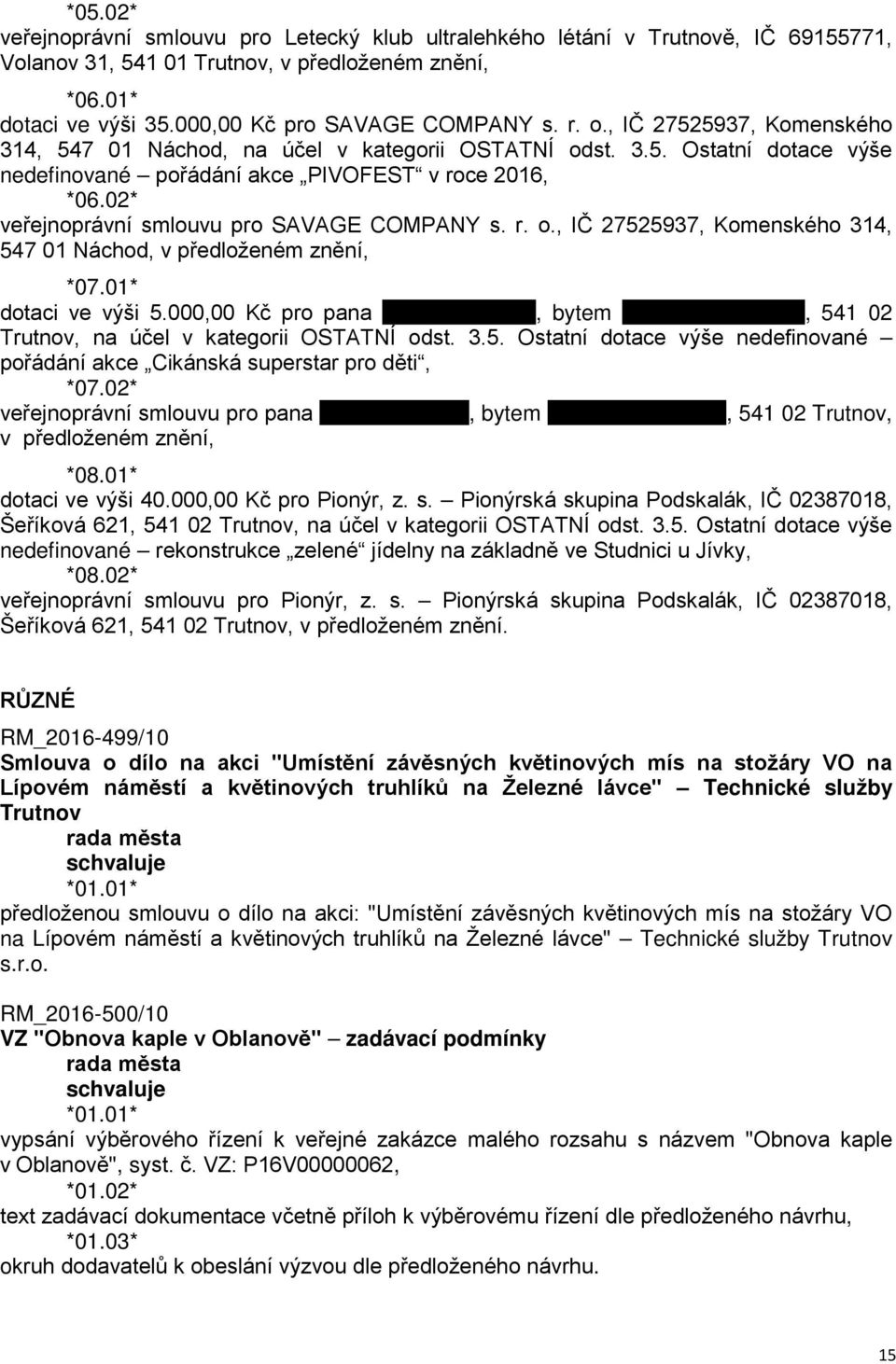 02* veřejnoprávní smlouvu pro SAVAGE COMPANY s. r. o., IČ 27525937, Komenského 314, 547 01 Náchod, v předloženém znění, *07.01* dotaci ve výši 5.