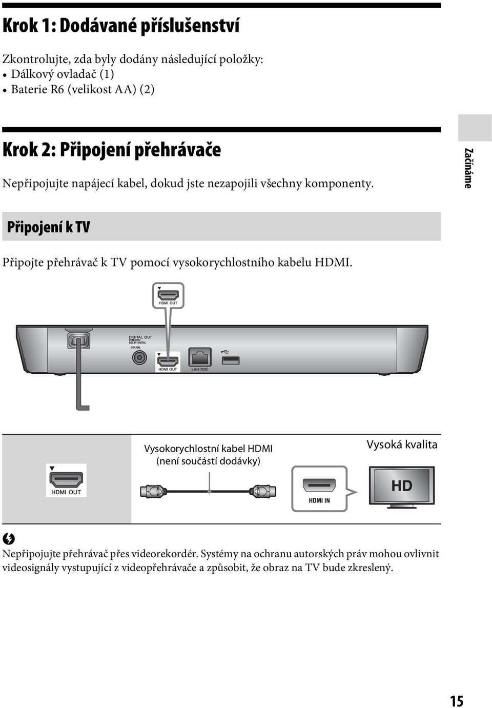 Začínáme Připojení k TV Připojte přehrávač k TV pomocí vysokorychlostního kabelu HDMI.