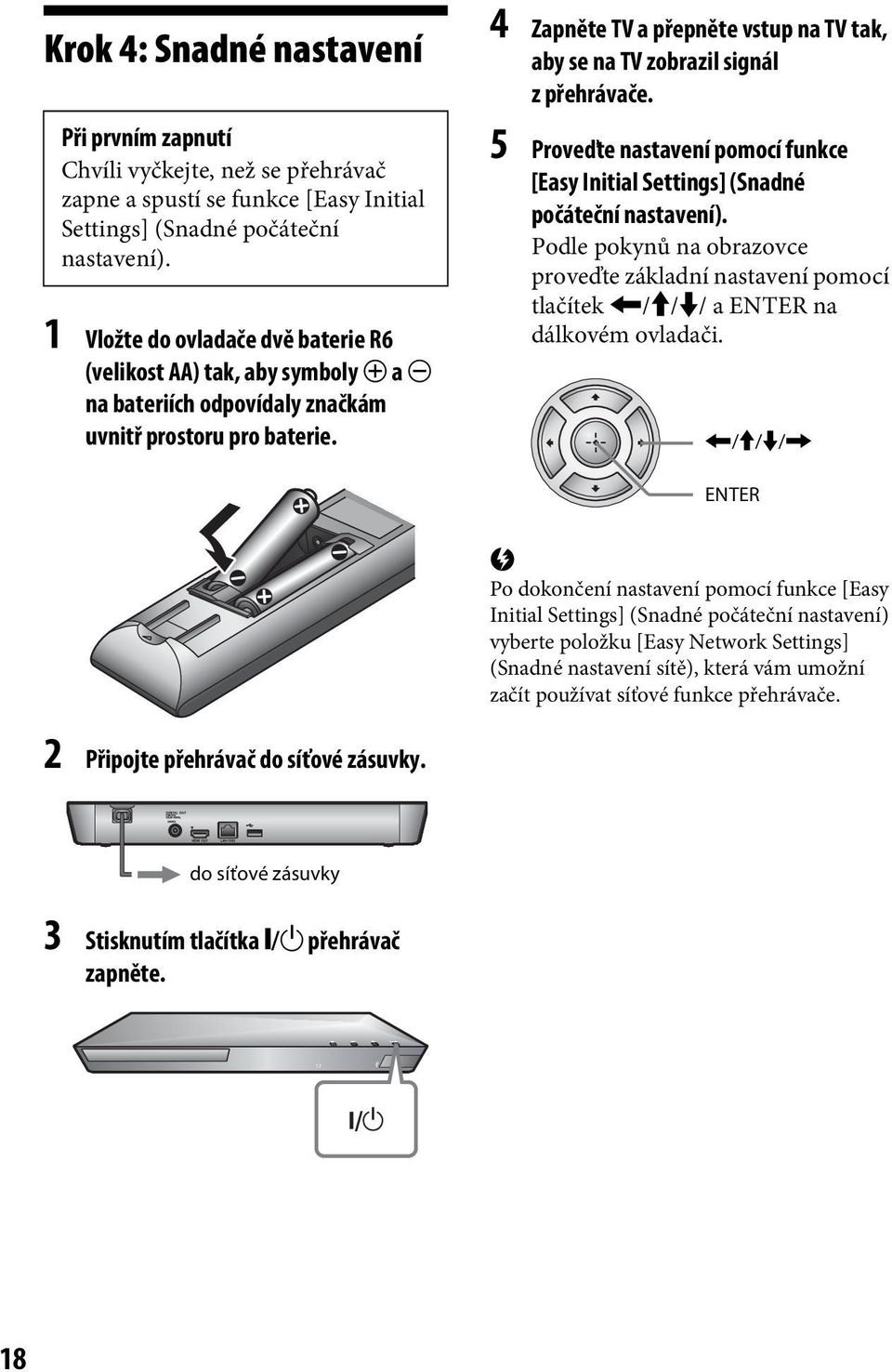 4 Zapněte TV a přepněte vstup na TV tak, aby se na TV zobrazil signál zpřehrávače. 5 Proveďte nastavení pomocí funkce [Easy Initial Settings] (Snadné počáteční nastavení).