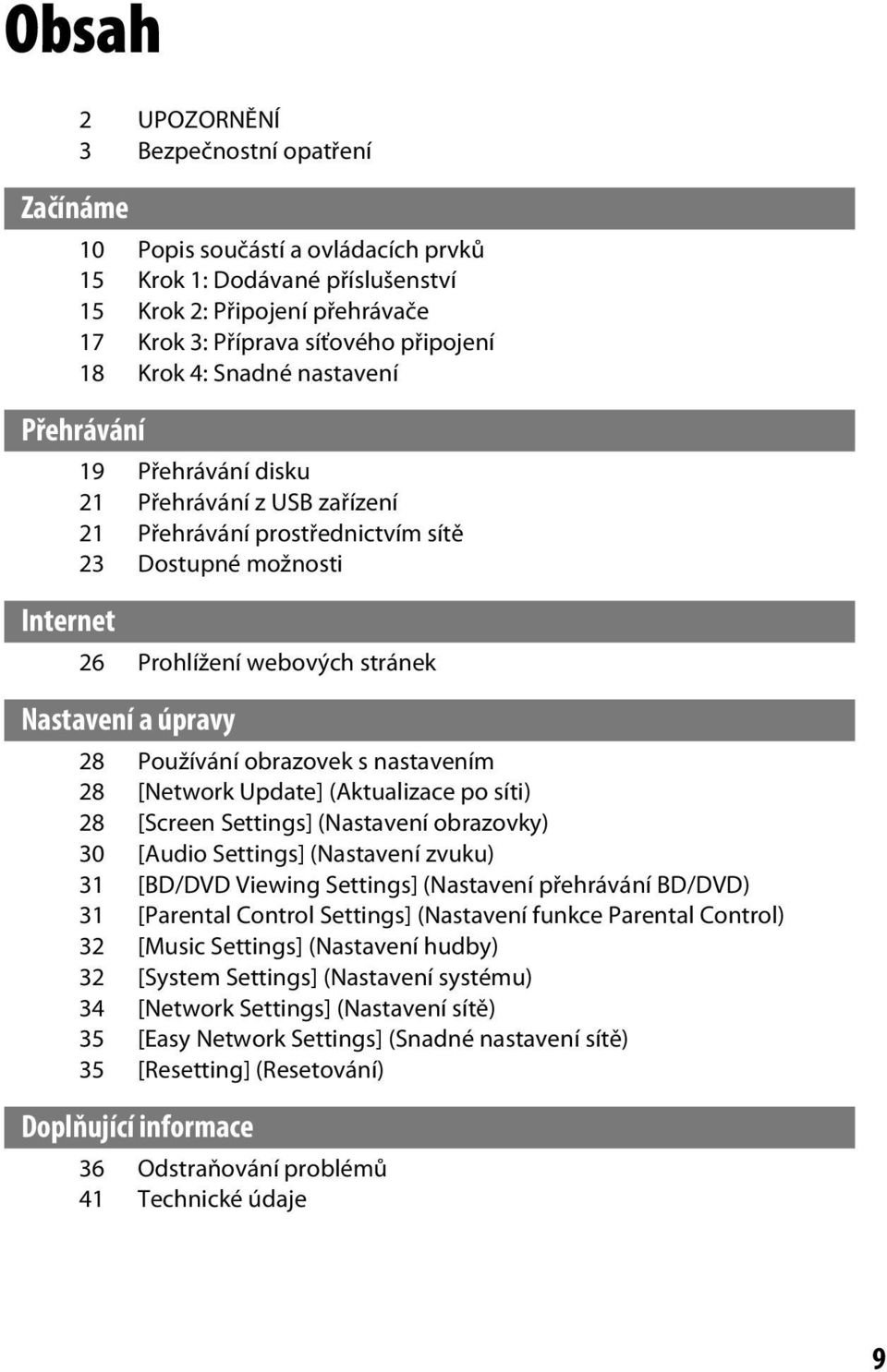 28 Používání obrazovek s nastavením 28 [Network Update] (Aktualizace po síti) 28 [Screen Settings] (Nastavení obrazovky) 30 [Audio Settings] (Nastavení zvuku) 31 [BD/DVD Viewing Settings] (Nastavení