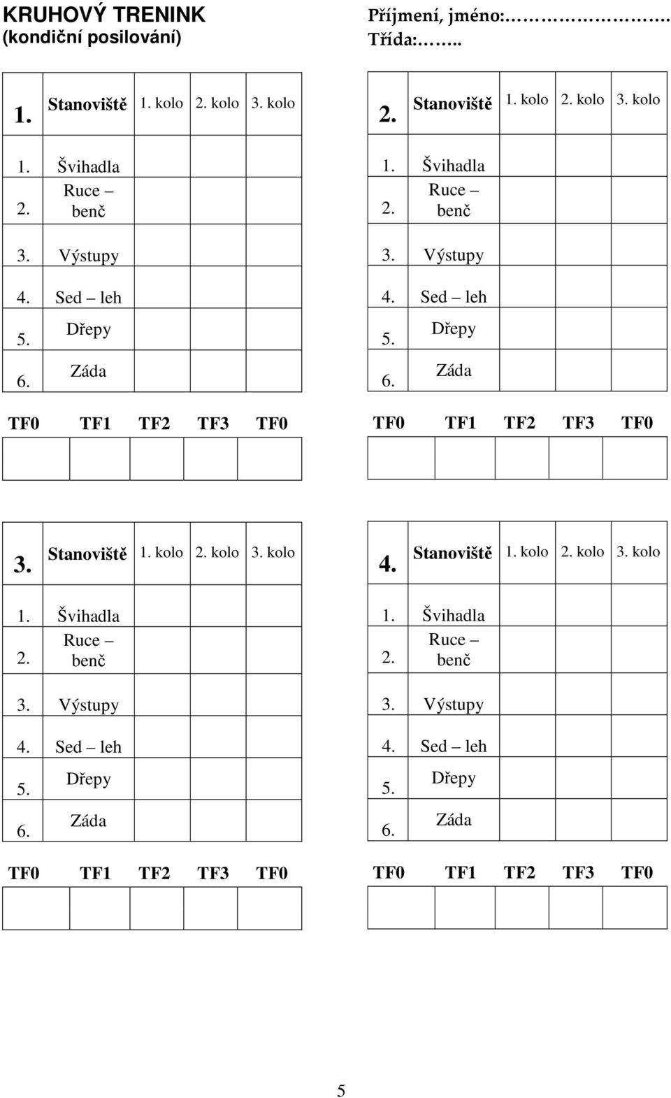 Stanoviště 1. kolo 2. kolo 3. kolo 1. Švihadla Ruce 2. benč 3. Výstupy 4. Sed leh 5. 6. Dřepy Záda TF0 TF1 TF2 TF3 TF0 4. Stanoviště 1.