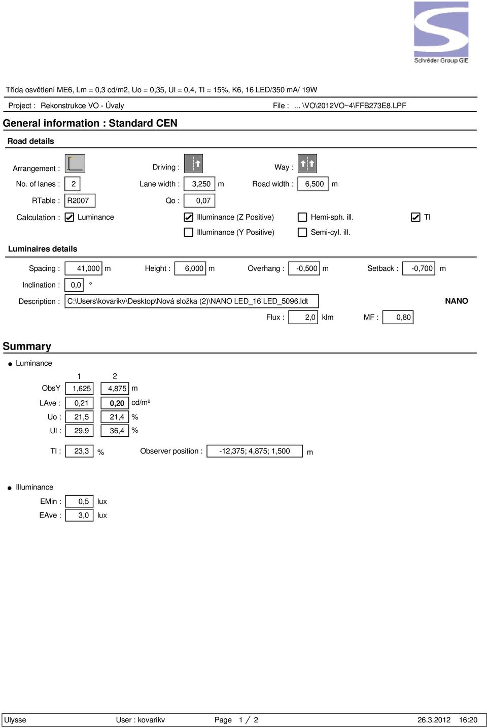 of lanes : 2 Lane width : 3,250 Road width : 6,500 RTable : R2007 Qo : 0,07 Calculation : Illuinance (Z Positive) Hei-sph. ill.