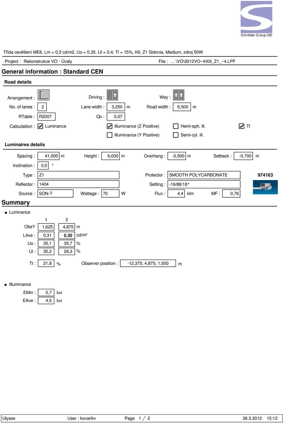 of lanes : 2 Lane width : 3,250 Road width : 6,500 RTable : R2007 Qo : 0,07 Calculation : Illuinance (Z Positive) Hei-sph. ill.