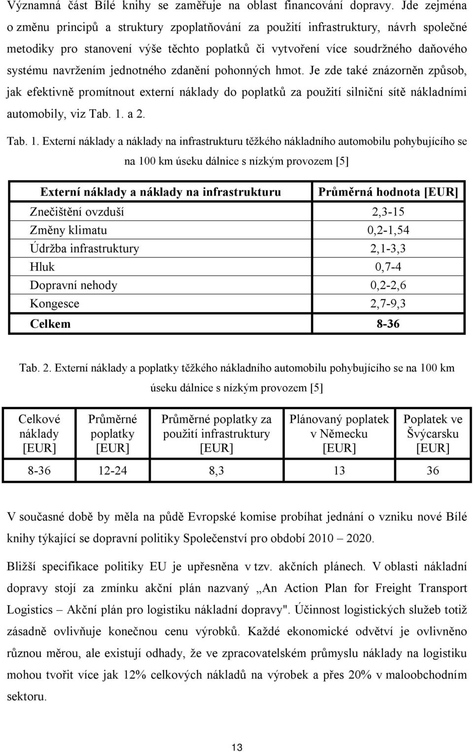 jednotného zdanění pohonných hmot. Je zde také znázorněn způsob, jak efektivně promítnout externí náklady do poplatků za použití silniční sítě nákladními automobily, viz Tab. 1.