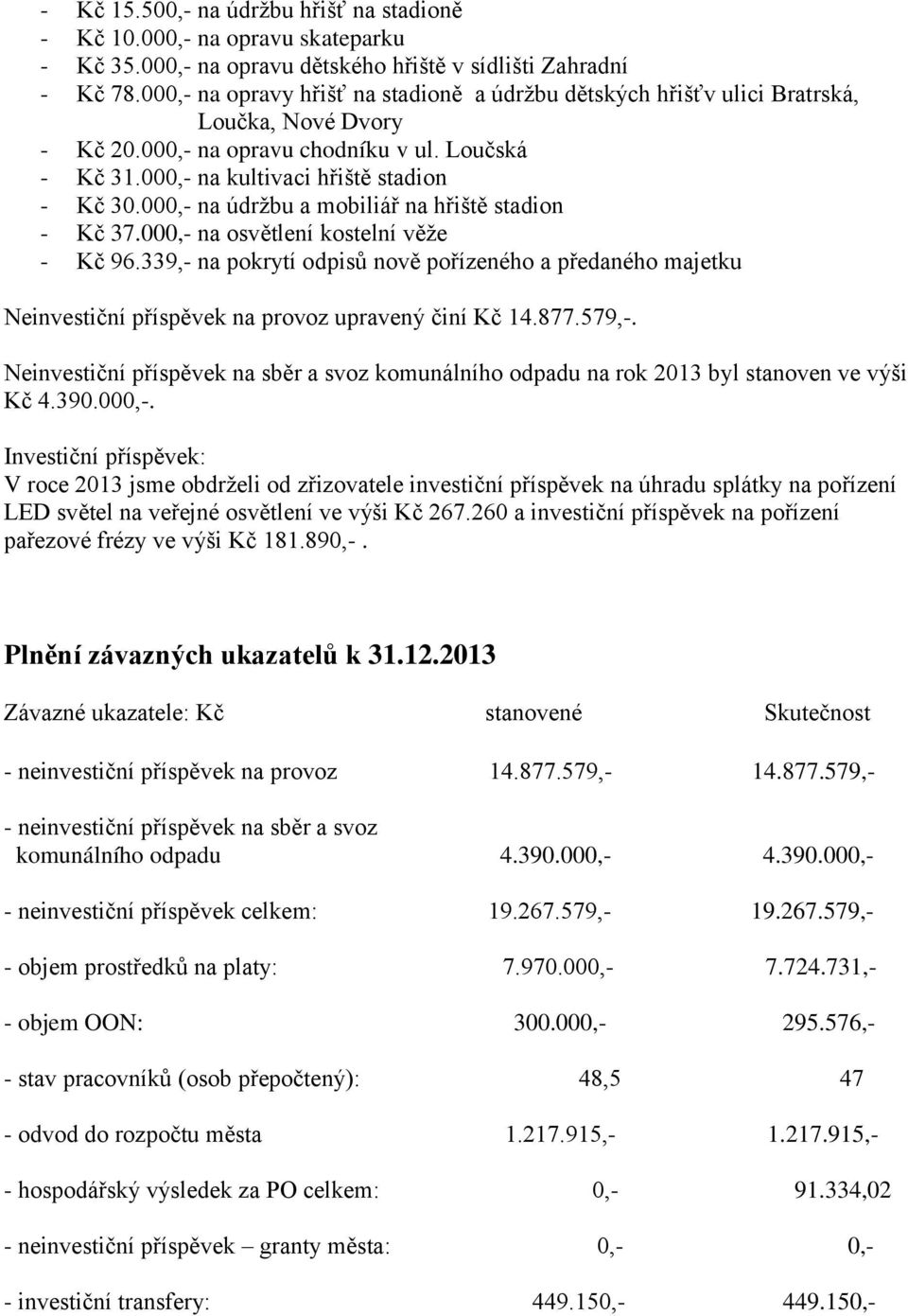 000,- na údržbu a mobiliář na hřiště stadion - Kč 37.000,- na osvětlení kostelní věže - Kč 96.