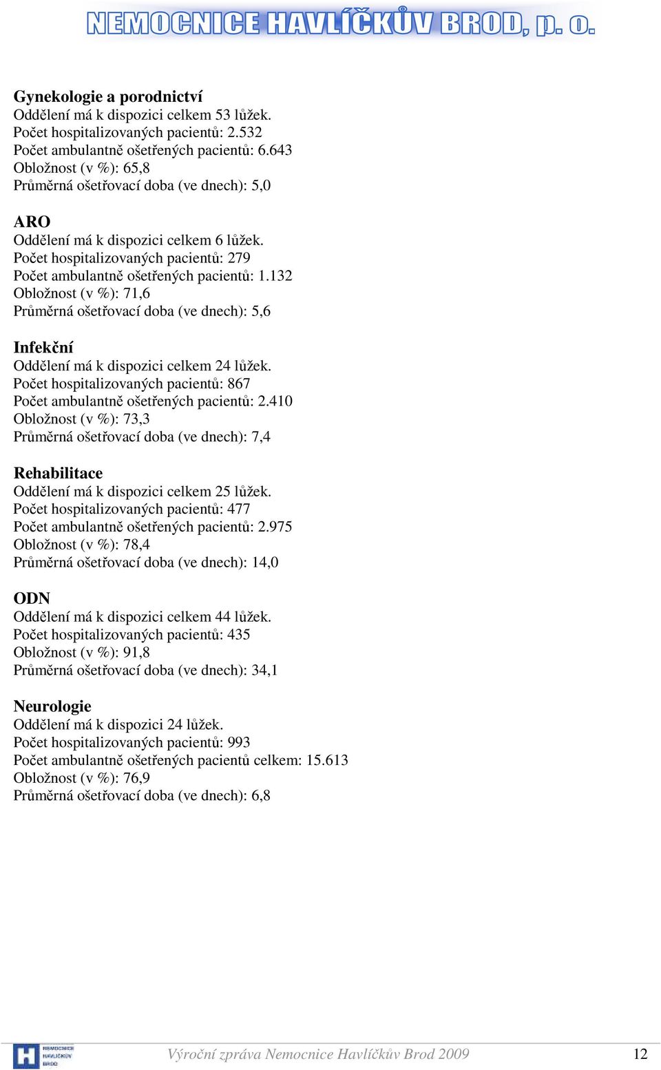 132 Obložnost (v %): 71,6 Průměrná ošetřovací doba (ve dnech): 5,6 Infekční Oddělení má k dispozici celkem 24 lůžek. Počet hospitalizovaných pacientů: 867 Počet ambulantně ošetřených pacientů: 2.