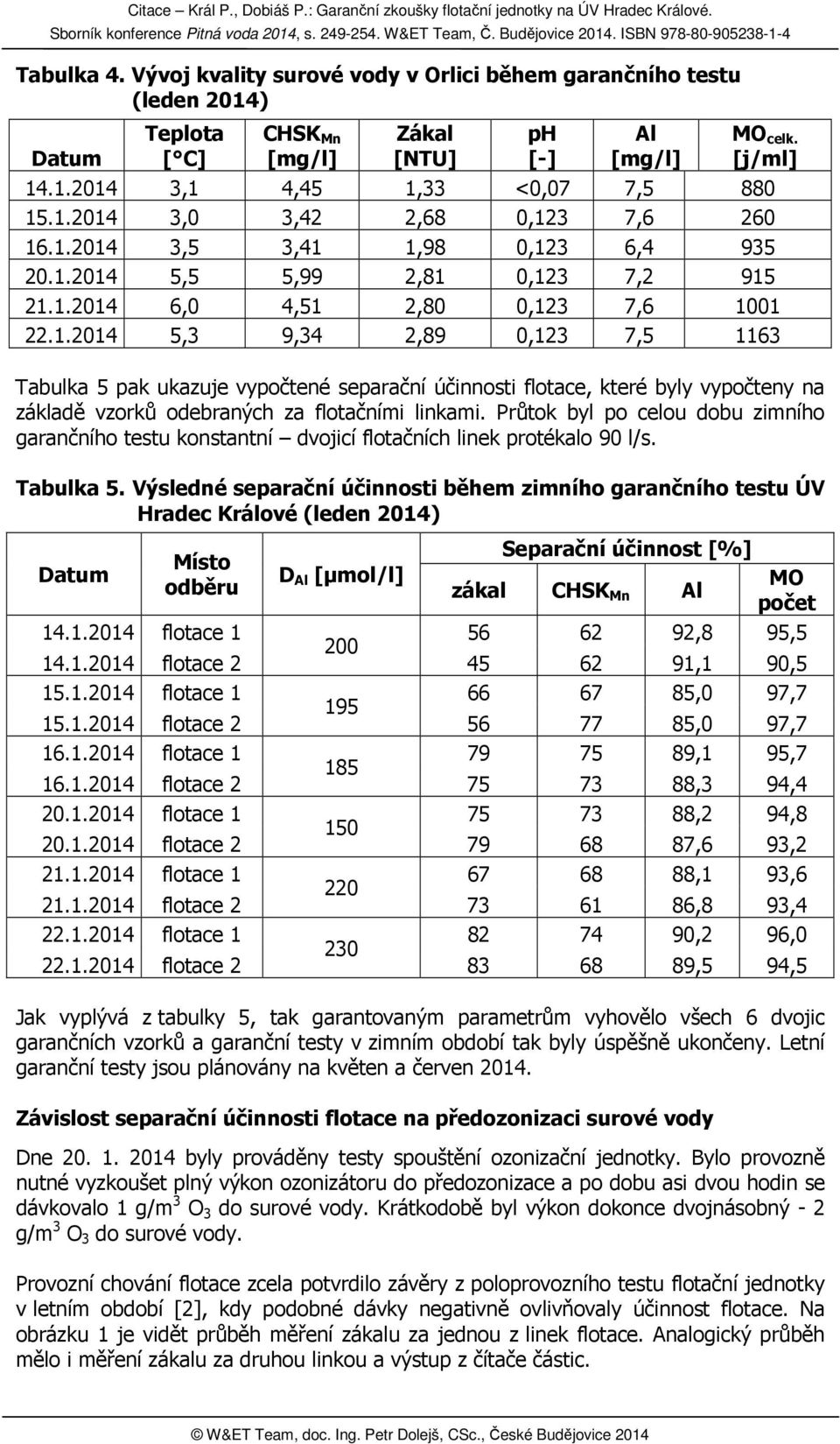 Průtok byl po celou dobu zimního garančního testu konstantní dvojicí flotačních linek protékalo 90 l/s. Tabulka 5.