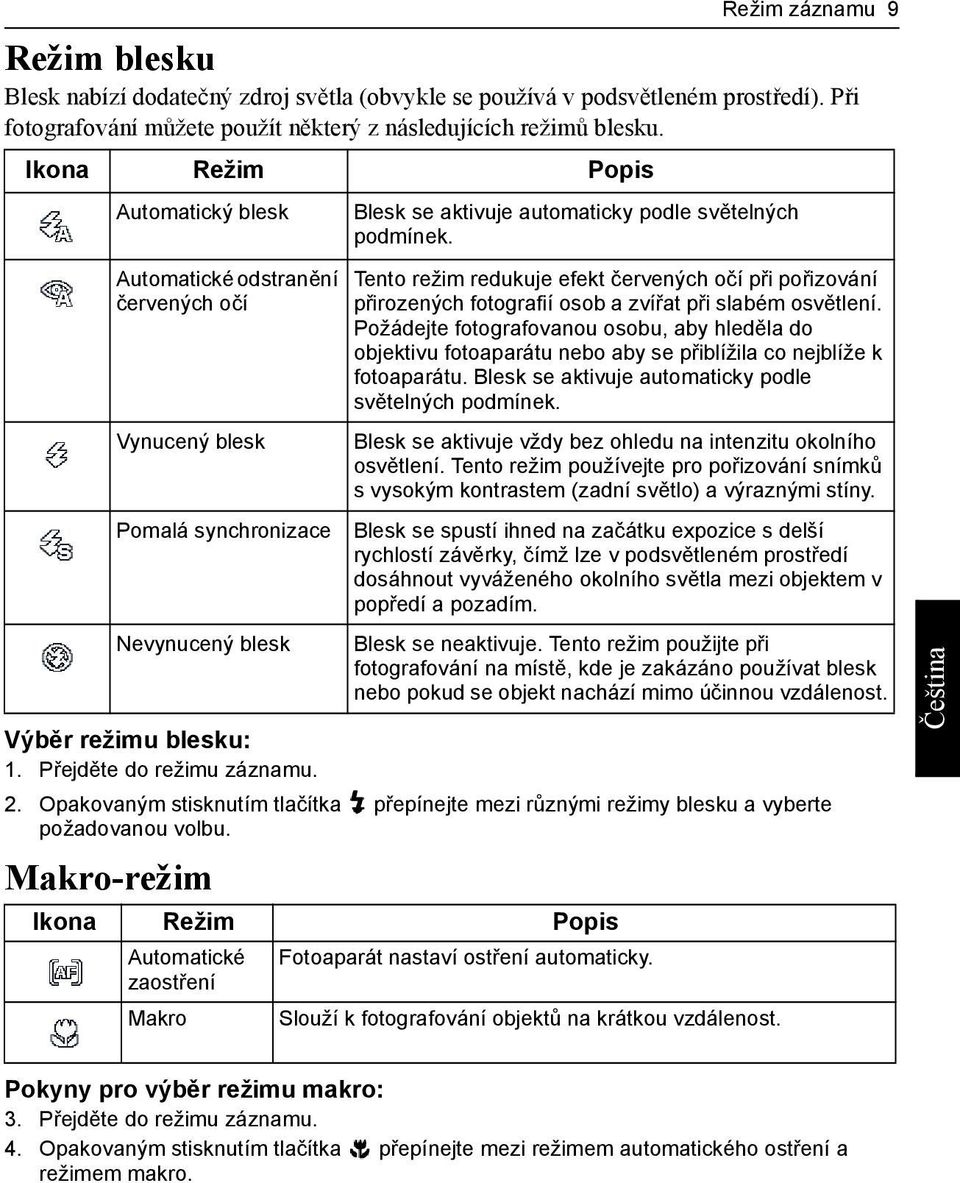 Makro-režim Automatické odstranění červených očí Vynucený blesk Pomalá synchronizace Nevynucený blesk Blesk se aktivuje automaticky podle světelných podmínek.