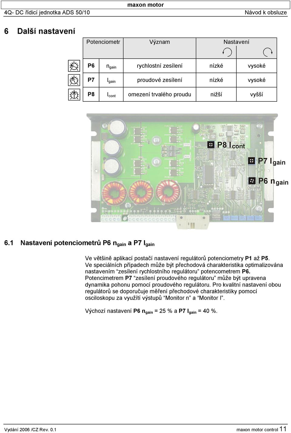 Ve speciálních případech může být přechodová charakteristika optimalizována nastavením zesílení rychlostního regulátoru potencometrem P6.