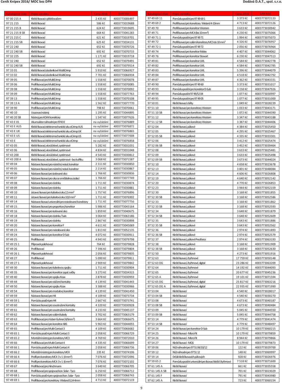 4003773070733 97 32 225 Kleště lisovací 1 171 Kč 4003773019718 97 32 240 Kleště lisovací 652 Kč 4003773079491 97 32 240 SB Kleště lisovací 692 Kč 4003773079514 97 33 01 Kleště lisovací zásobníkové