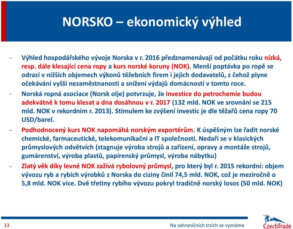 - Norská ropná asociace (Norsk olje) potvrzuje, že investice do petrochemie budou adekvátně k tomu klesat a dna dosáhnou v r. 2017 (132 mld. NOK ve srovnání se 215 mld. NOK v rekordním r. 2013).