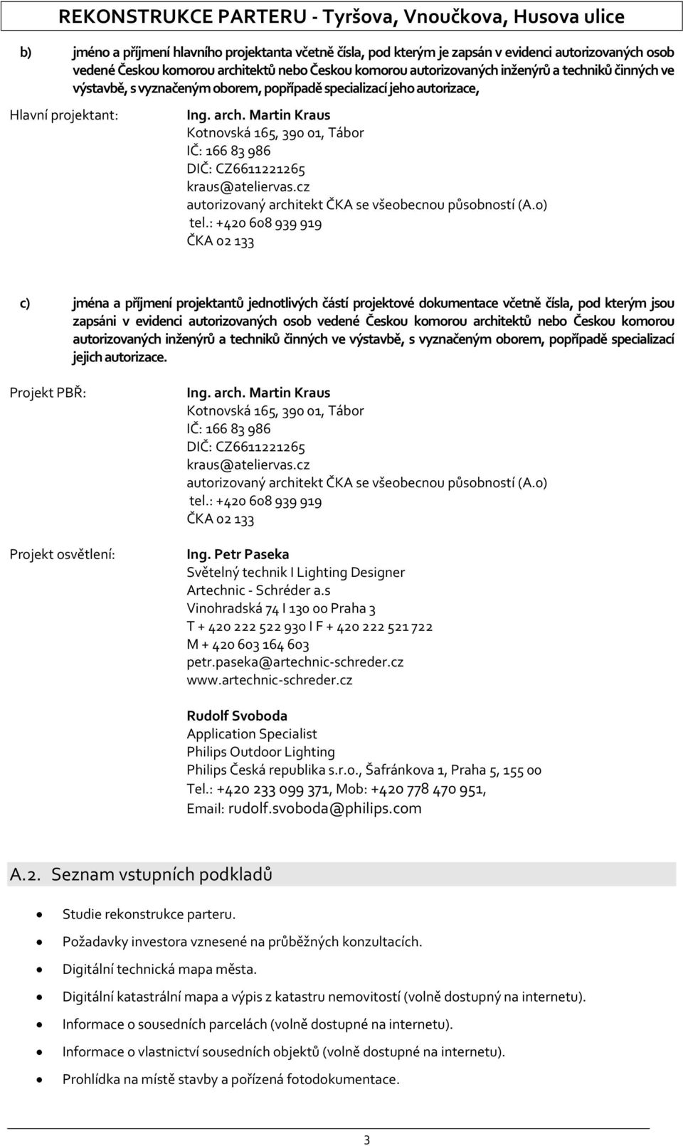 Martin Kraus Kotnovská 165, 390 01, Tábor IČ: 166 83 986 DIČ: CZ6611221265 kraus@ateliervas.cz autorizovaný architekt ČKA se všeobecnou působností (A.0) tel.