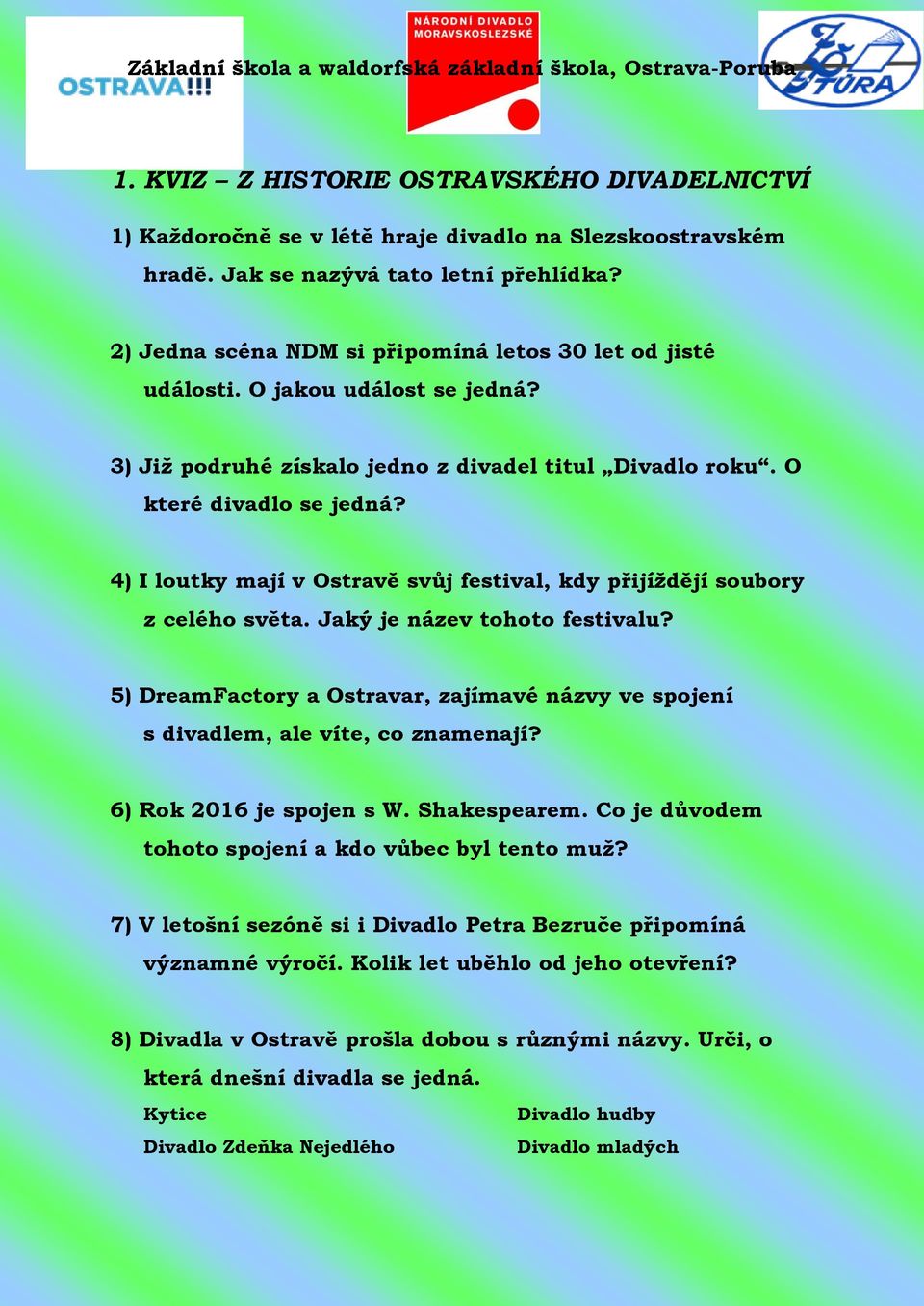 4) I loutky mají v Ostravě svůj festival, kdy přijíždějí soubory z celého světa. Jaký je název tohoto festivalu?