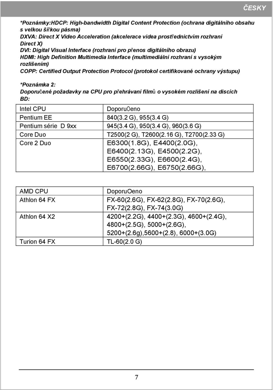 Protocol (protokol certifikované ochrany výstupu) *Poznámka 2: Doporučené požadavky na CPU pro přehrávaní filmů o vysokém rozlišení na discích BD: Intel CPU DoporuOeno Pentium EE 840(3.2 G), 955(3.