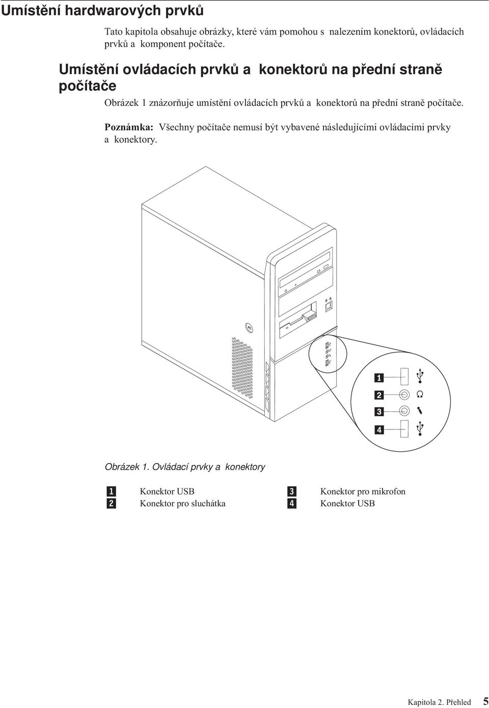 Umístění ovládacích prvků a konektorů na přední straně počítače Obrázek 1 znázorňuje umístění ovládacích prvků a konektorů na