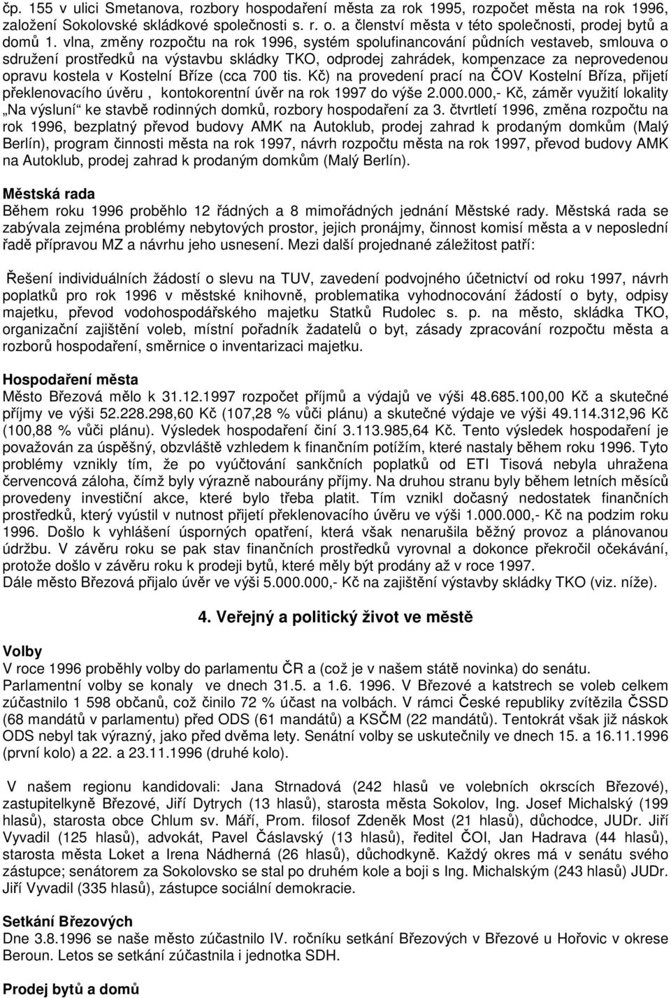 vlna, změny rozpočtu na rok 1996, systém spolufinancování půdních vestaveb, smlouva o sdružení prostředků na výstavbu skládky TKO, odprodej zahrádek, kompenzace za neprovedenou opravu kostela v