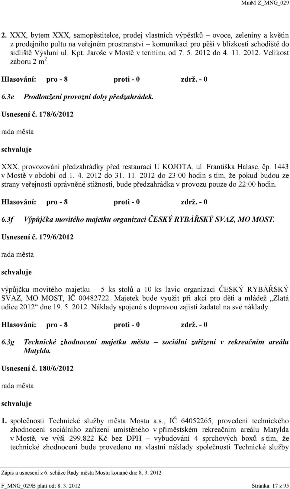 178/6/2012 rada města schvaluje XXX, provozování předzahrádky před restaurací U KOJOTA, ul. Františka Halase, čp. 1443 v Mostě v období od 1. 4. 2012 do 31. 11.