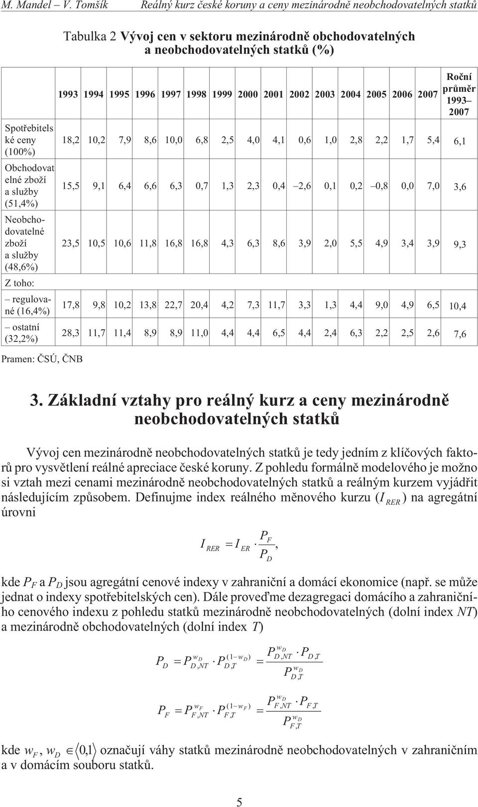 regulované (16,4%) ostatní (32,2%) Pramen: ÈSÚ, ÈNB Tabulka 2 Vývoj cen v sektoru mezinárodnì obchodovatelných a neobchodovatelných statkù (%) 1993 1994 1995 1996 1997 1998 1999 2000 2001 2002 2003