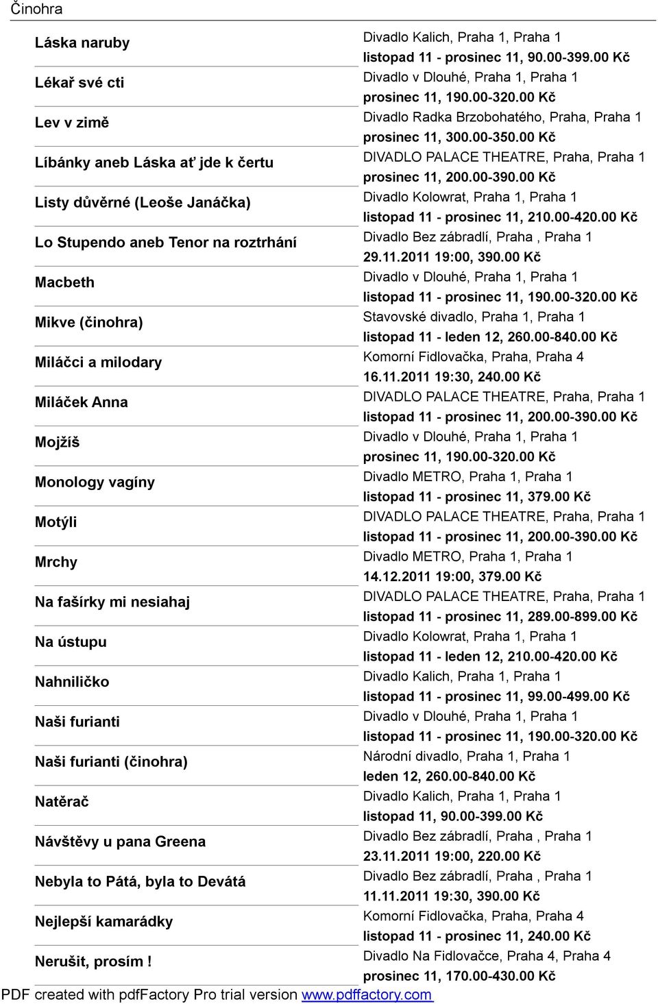 00 Kč Listy důvěrné (Leoše Janáčka) Divadlo Kolowrat, Praha 1, Praha 1 listopad 11 - prosinec 11, 210.00-420.00 Kč Lo Stupendo aneb Tenor na roztrhání Divadlo Bez zábradlí, Praha, Praha 1 29.11.2011 19:00, 390.