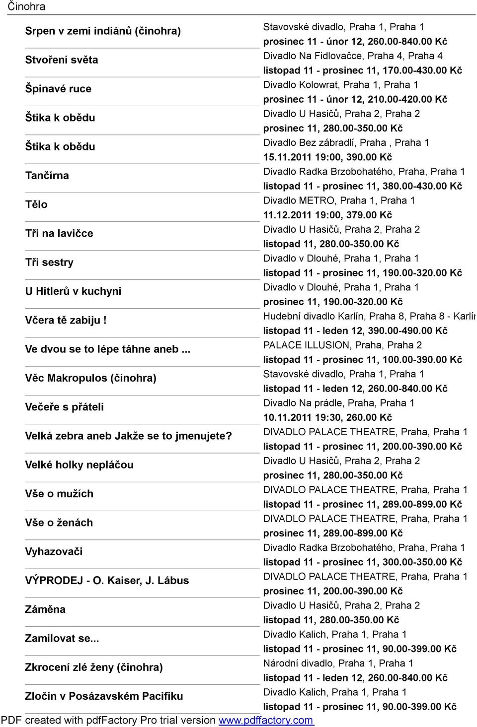 00 Kč Štika k obědu Divadlo Bez zábradlí, Praha, Praha 1 15.11.2011 19:00, 390.00 Kč Tančírna Divadlo Radka Brzobohatého, Praha, Praha 1 listopad 11 - prosinec 11, 380.00-430.
