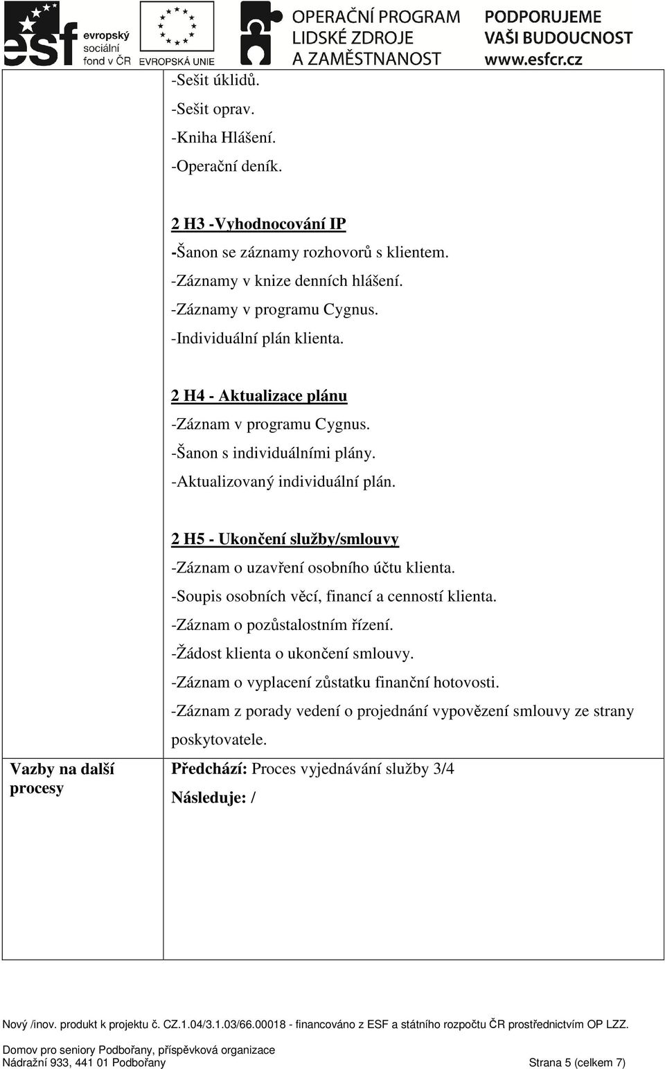 Vazby na další procesy 2 H5 - Ukončení služby/smlouvy -Záznam o uzavření osobního účtu klienta. -Soupis osobních věcí, financí a cenností klienta. -Záznam o pozůstalostním řízení.