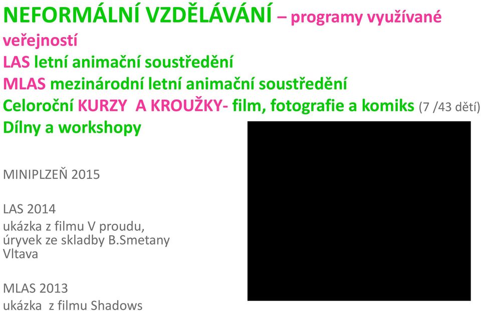 KROUŽKY- film, fotografie a komiks (7 /43 dětí) Dílny a workshopy MINIPLZEŇ 2015