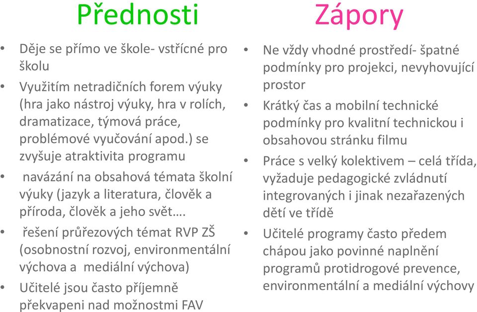 řešení průřezových témat RVP ZŠ (osobnostní rozvoj, environmentální výchova a mediální výchova) Učitelé jsou často příjemně překvapeni nad možnostmi FAV Zápory Ne vždy vhodné prostředí- špatné