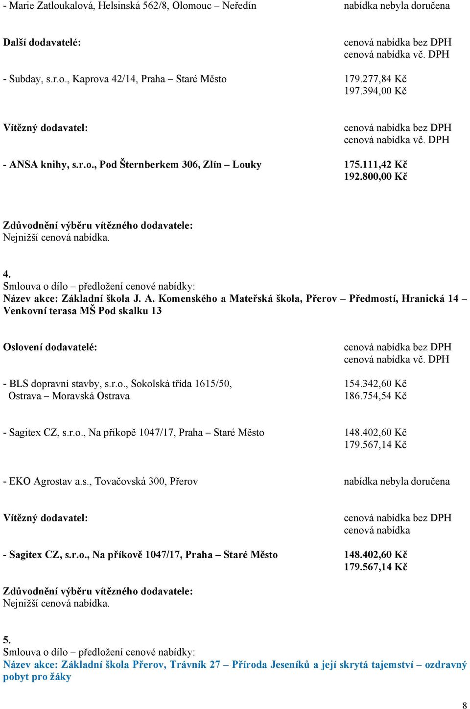 342,60 Kč Ostrava Moravská Ostrava 186.754,54 Kč - Sagitex CZ, s.r.o., Na příkopě 1047/17, Praha Staré Město 148.402,60 Kč 179.567,14 Kč - EKO Agrostav a.s., Tovačovská 300, Přerov cenová nabídka - Sagitex CZ, s.