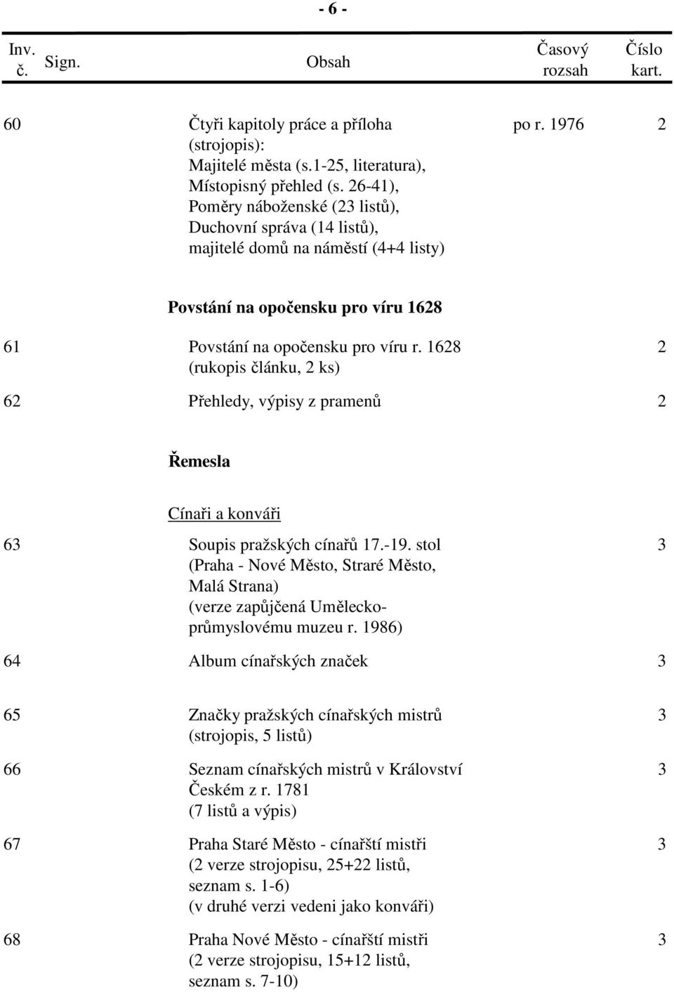 28 2 (rukopis článku, 2 ks) 2 Přehledy, výpisy z pramenů 2 Řemesla Cínaři a konváři 3 Soupis pražských cínařů 7.-9.