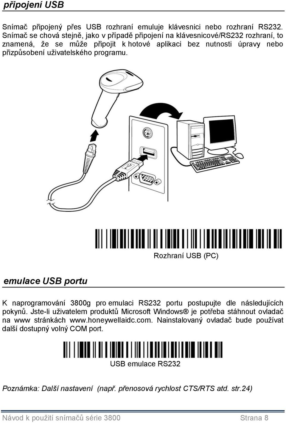 uţivatelského programu. Rozhraní USB (PC) emulace USB portu K naprogramování 3800g pro emulaci RS232 portu postupujte dle následujících pokynů.