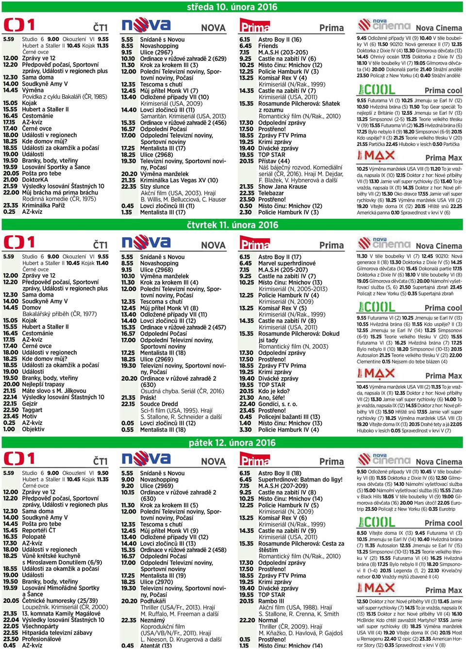 18.55 Události za okamžik apočasí 19.00 Události 19.50 Branky, body, vteřiny 19.59 Losování Sportky ašance 20.05 Pošta pro tebe 21.00 DoktorKA 21.59 Výsledky losování Šťastných 10 22.