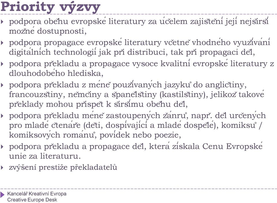 francouzsťiny, ne mcǐny a s paneľsťiny (kastilsťiny), jelikoz takove prěklady mohou prǐspeť k sǐrsǐ mu obeȟu deľ, podpora prěkladu meńe zastoupenyćh zǎńru, napr.