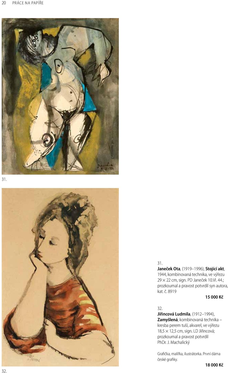 Jiřincová Ludmila, (1912 1994), Zamyšlená, kombinovaná technika kresba perem tuší, akvarel, ve výřezu 18,5 12,5 cm,