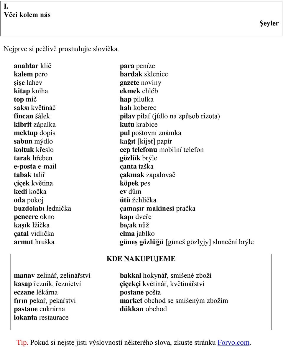 kočka oda pokoj buzdolabı lednička pencere okno kaşık lžička çatal vidlička armut hruška para peníze bardak sklenice gazete noviny ekmek chléb hap pilulka halı koberec pilav pilaf (jídlo na způsob