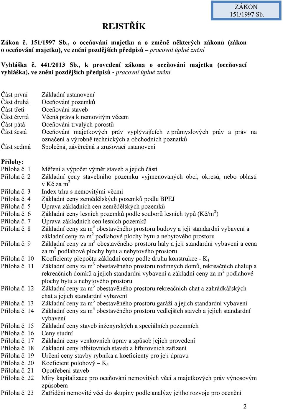 , k provedení zákona o oceňování majetku (oceňovací vyhláška), ve znění pozdějších předpisů - pracovní úplné znění Část první Část druhá Část třetí Část čtvrtá Část pátá Část šestá Část sedmá