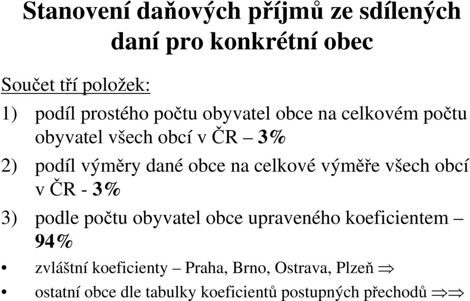 obce na celkové výměře všech obcí v ČR - 3% 3) podle počtu obyvatel obce upraveného koeficientem