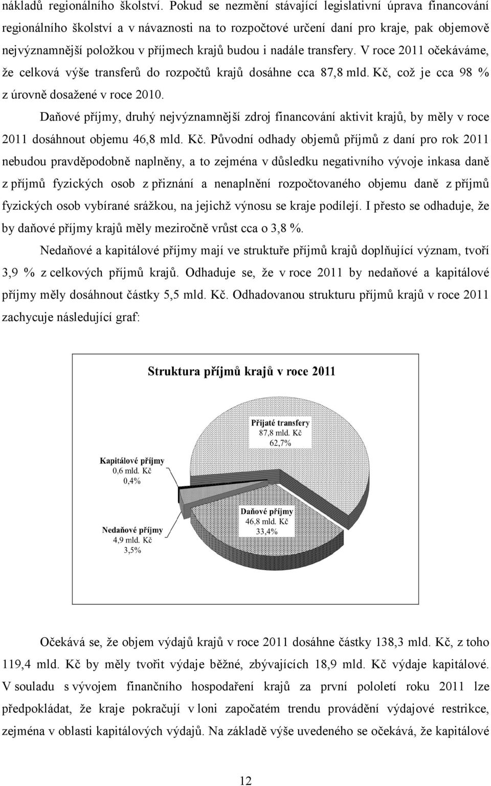 nadále transfery. V roce 2011 očekáváme, že celková výše transferů do rozpočtů krajů dosáhne cca 87,8 mld. Kč, což je cca 98 % z úrovně dosažené v roce 2010.