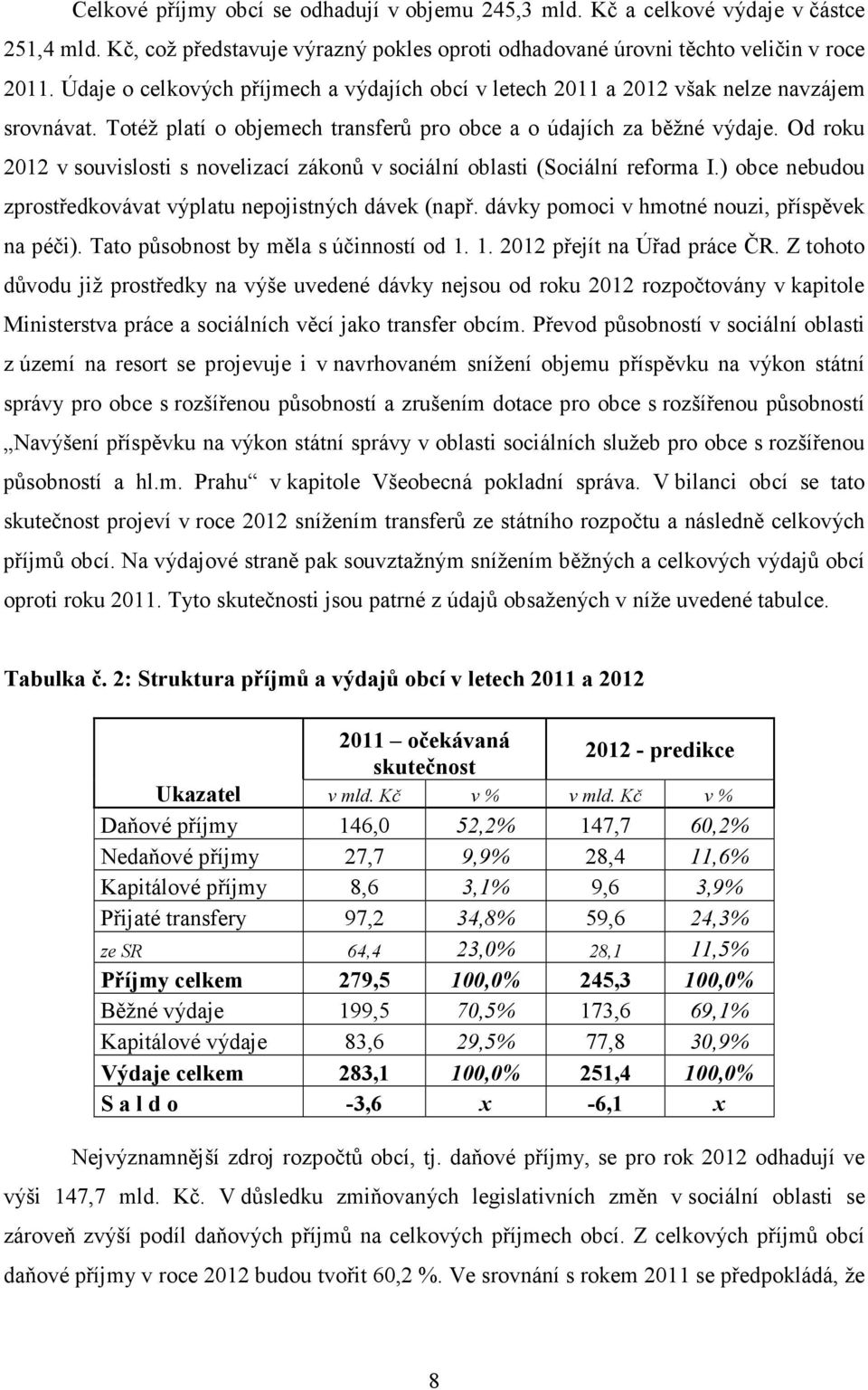 Od roku 2012 v souvislosti s novelizací zákonů v sociální oblasti (Sociální reforma I.) obce nebudou zprostředkovávat výplatu nepojistných dávek (např. dávky pomoci v hmotné nouzi, příspěvek na péči).