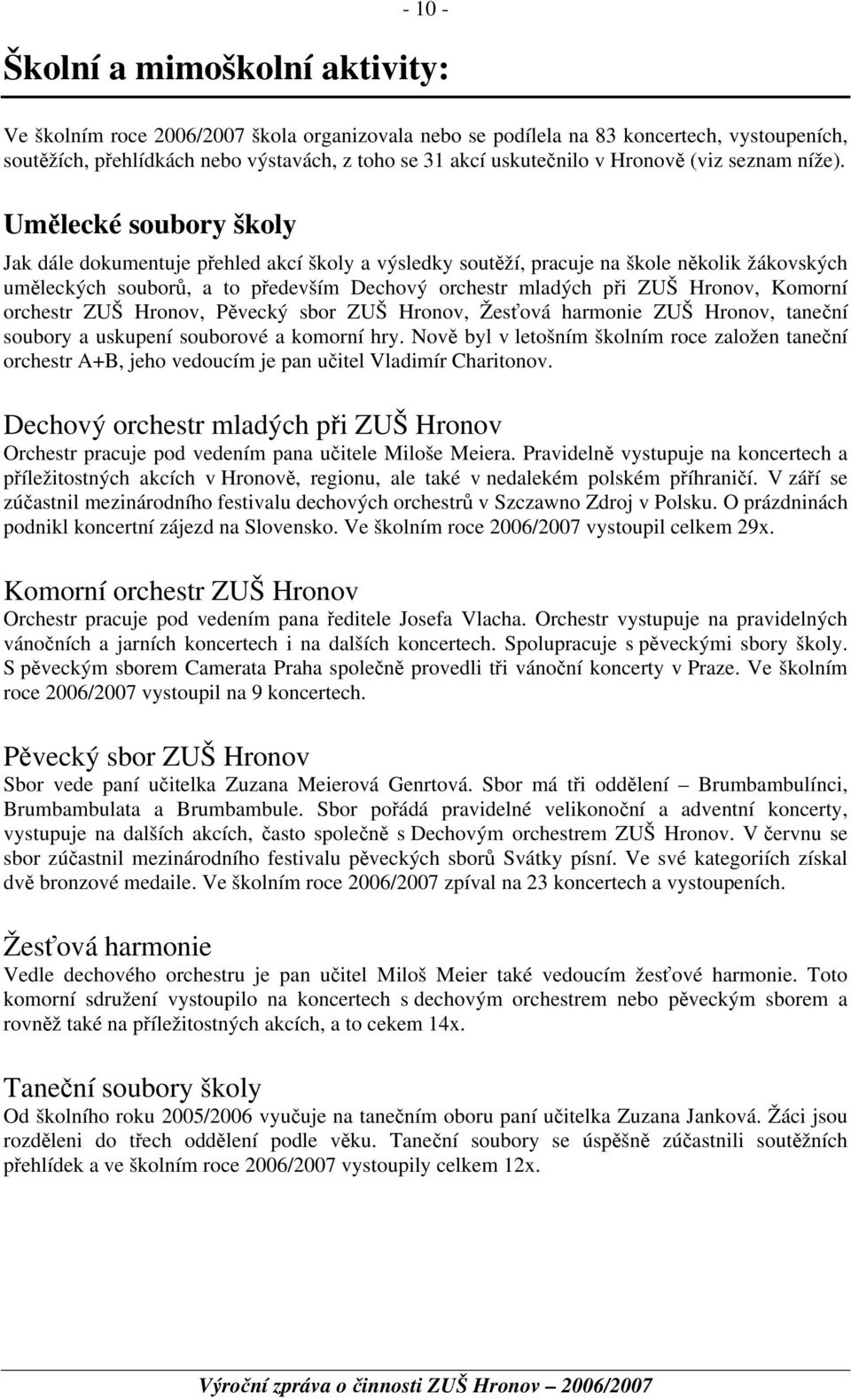 Umělecké soubory školy Jak dále dokumentuje přehled akcí školy a výsledky soutěží, pracuje na škole několik žákovských uměleckých souborů, a to především Dechový orchestr mladých při ZUŠ Hronov,